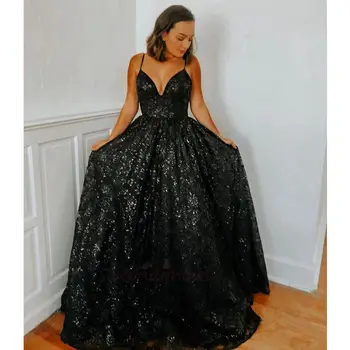 Черна дълга официална партия на жените вечерни рокли 2020 Секси V-образно деколте, спагети презрамки Абитуриентски рокли с пайети vestido de Fiesta de noche