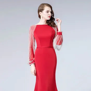Yqlnne елегантен червен вечерни рокли с дълъг ръкав мъниста Русалка вечерна рокля жени парти рокля 2020