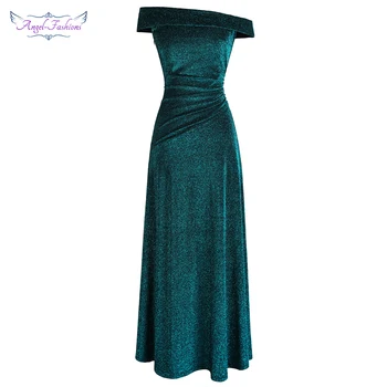 Angel-fashions с рамо нагънат вечерни рокли с дълга вечерна рокля Паун зелени 466