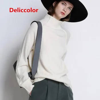 DELICCOLOR пролет нов стил пуловер Виктория Бекъм висока яка поло пуловер дамски свободен пуловер мързелив вятър плюс размер